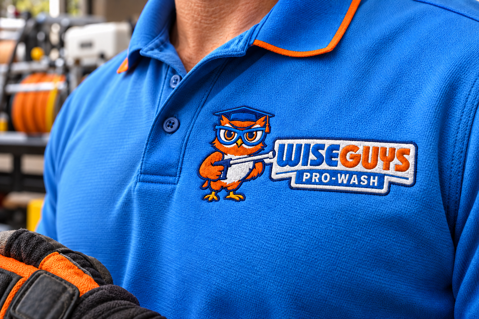 AI-generated brand concept for WiseGuys Pro-Wash: uniform embroidery.