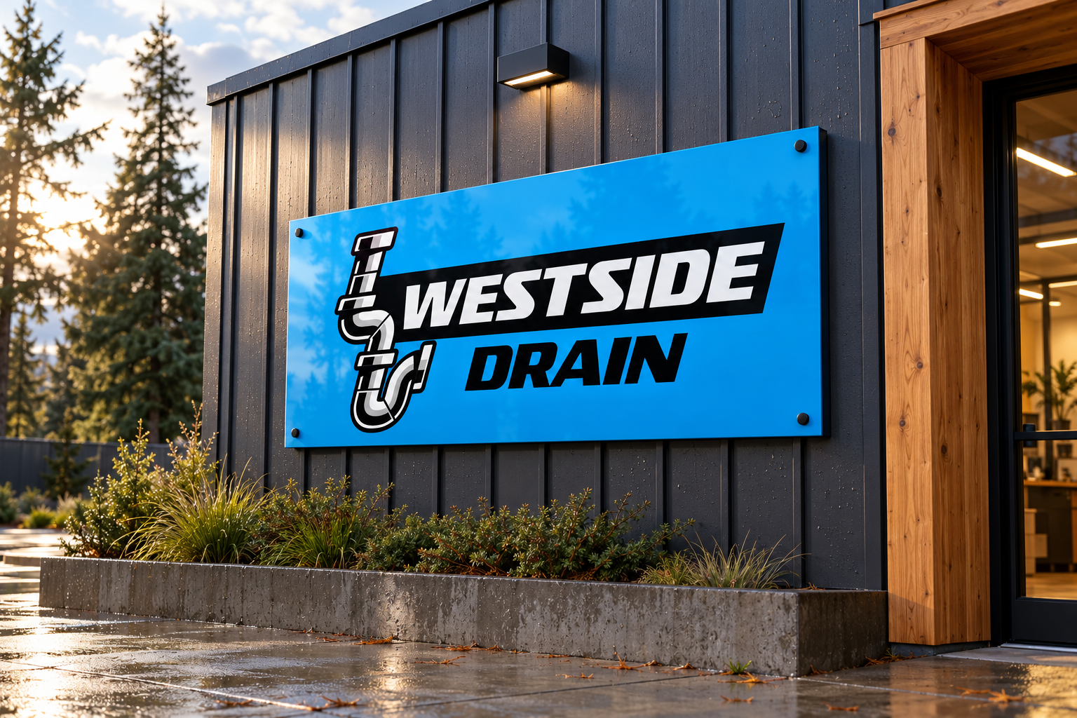 AI-generated brand concept for West Side Drain: workshop signage.