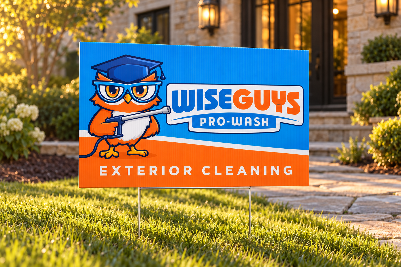 AI-generated brand concept for WiseGuys Pro-Wash: residential yard sign.