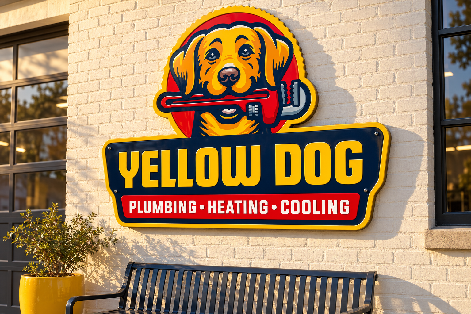 AI-generated brand concept for Yellow Dog: dimensional shop sign.
