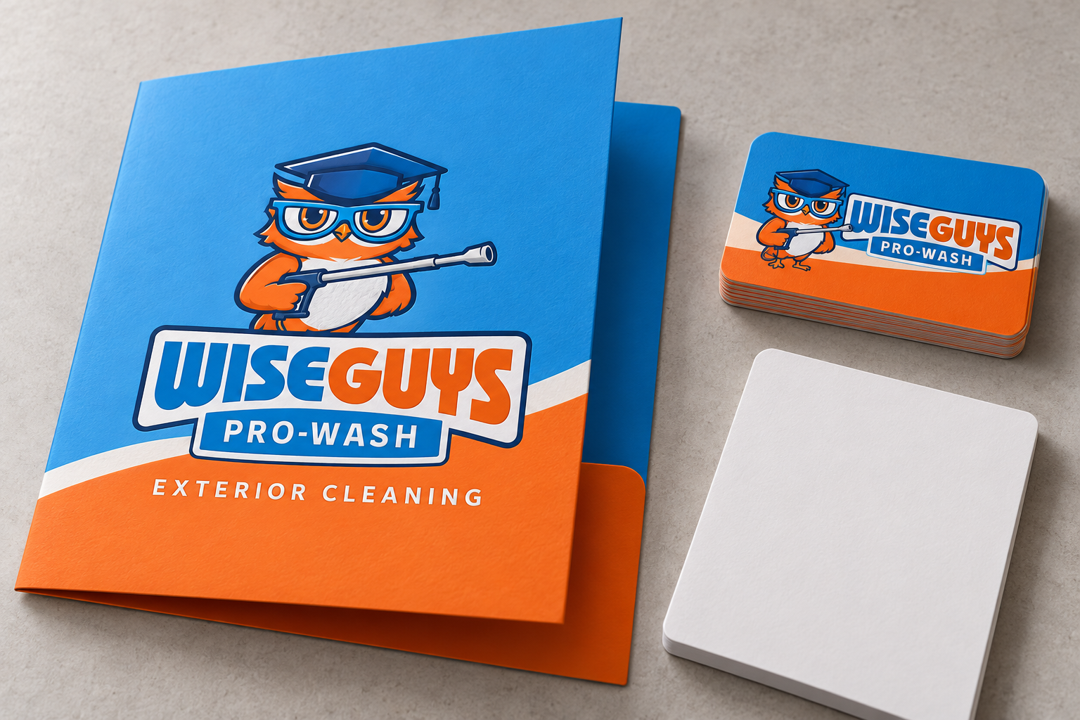 AI-generated brand concept for WiseGuys Pro-Wash: premium print stationery.