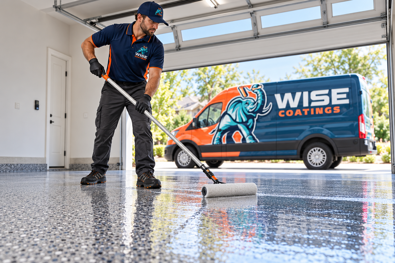 AI-generated brand concept for Wise Coatings: technician floor coating.