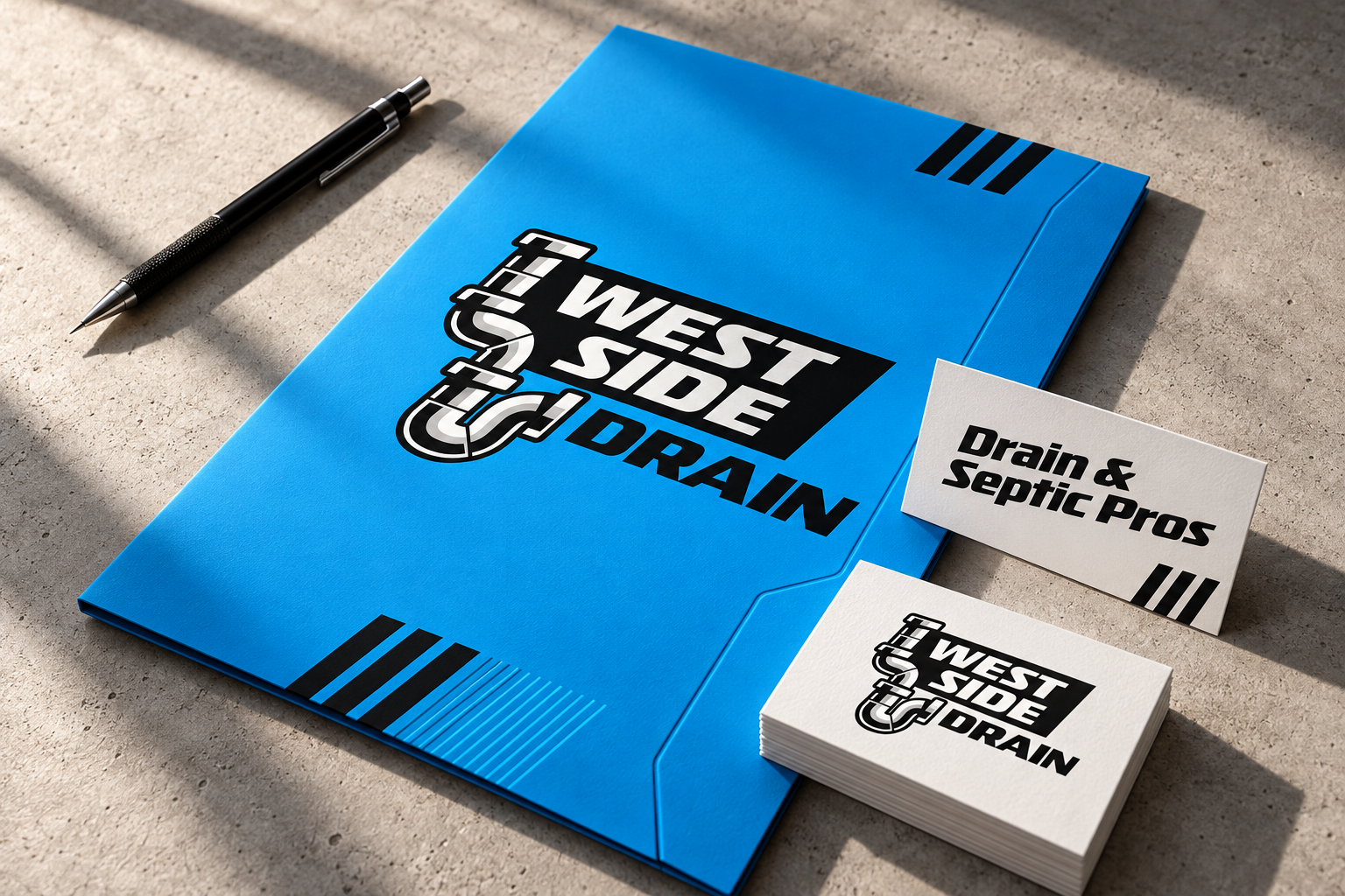 AI-generated brand concept for West Side Drain: client collateral.