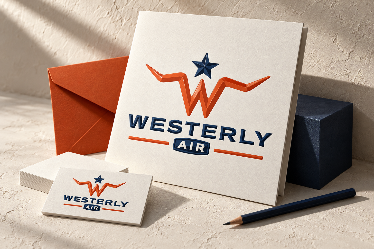 AI-generated brand concept for Westerly Air: premium client stationery.