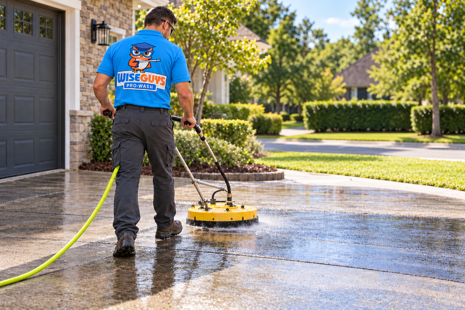 AI-generated brand concept for WiseGuys Pro-Wash: residential washing action.