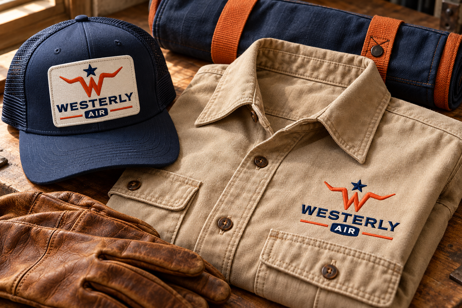 AI-generated brand concept for Westerly Air: workwear and field kit.