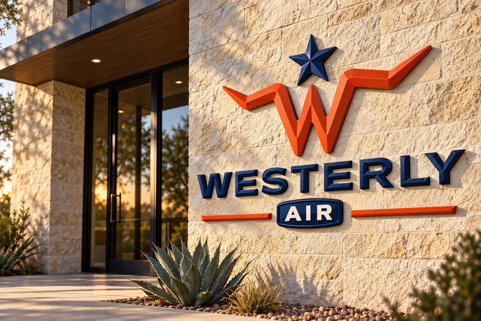 AI-generated brand concept for Westerly Air: limestone facade signage.
