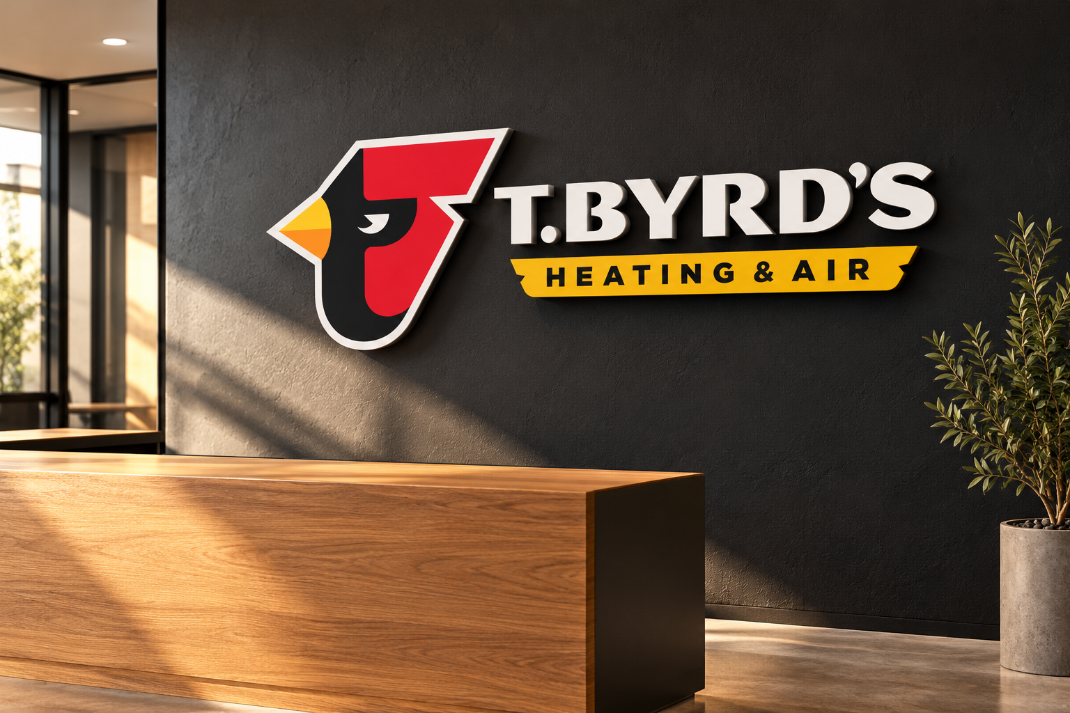 AI-generated brand concept for T. Byrd’s Heating & Air: dimensional office sign.