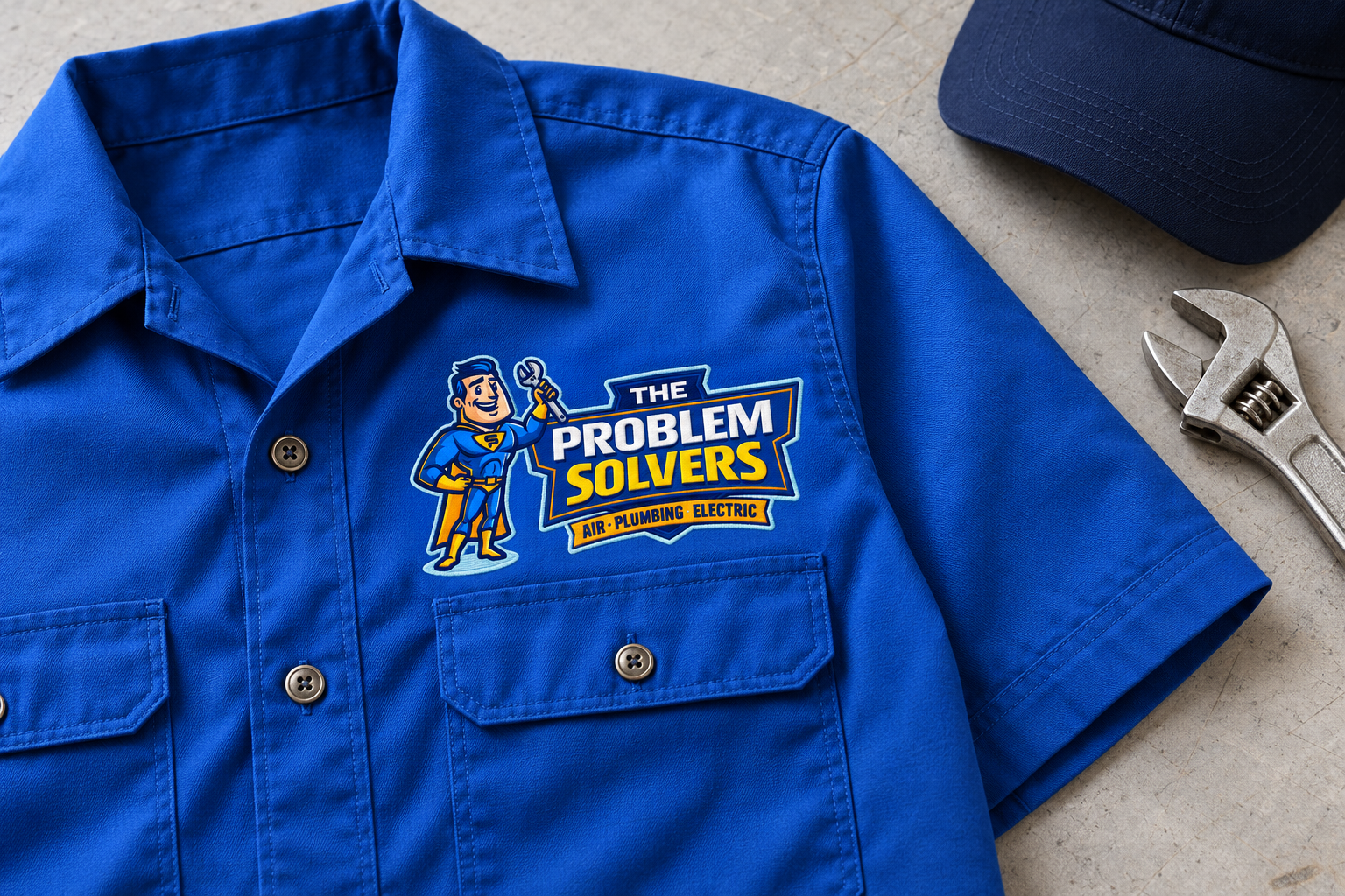 AI-generated brand concept for The Problem Solvers: technician workshirt.