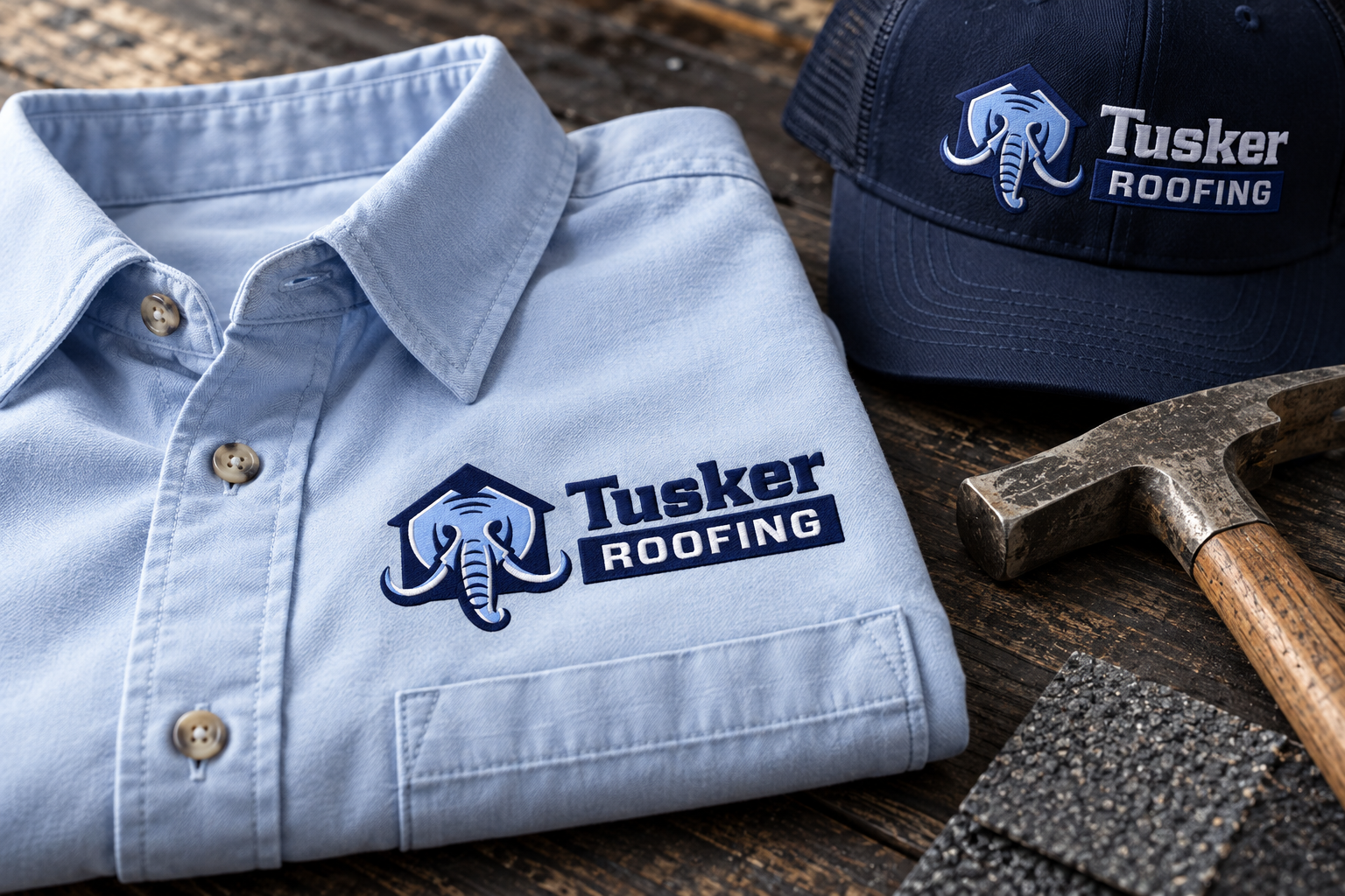 AI-generated brand concept for Tusker Roofing: workwear detail.