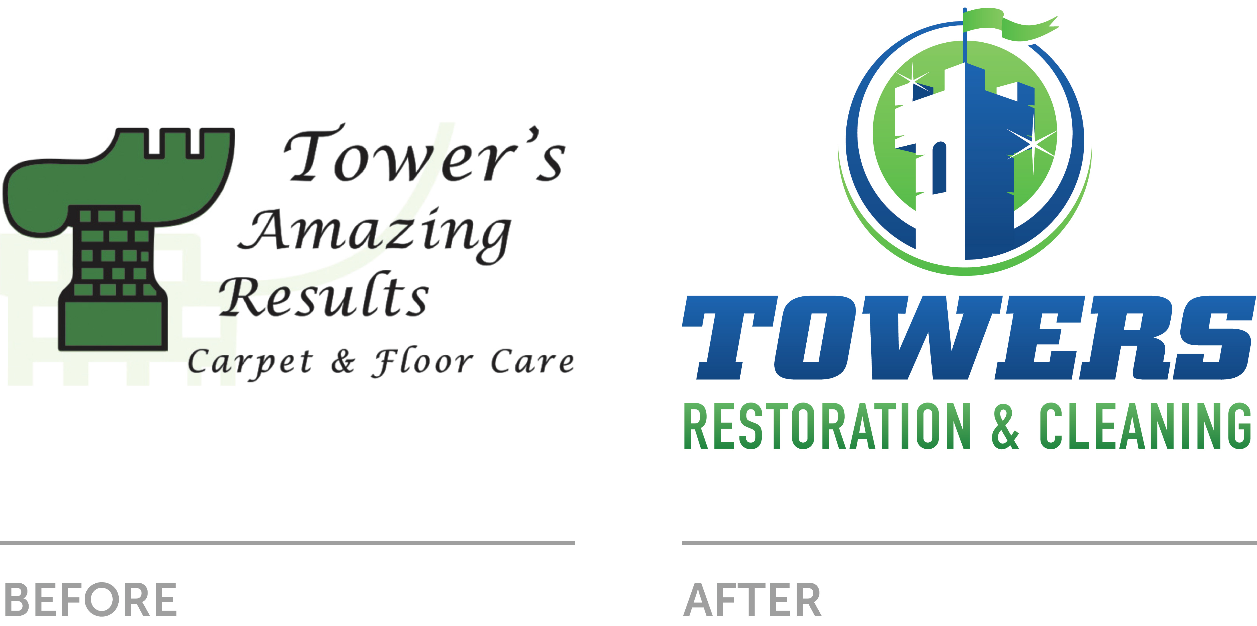 Before and after: the old Tower's Amazing Results logo and the new Towers Restoration & Cleaning logo
