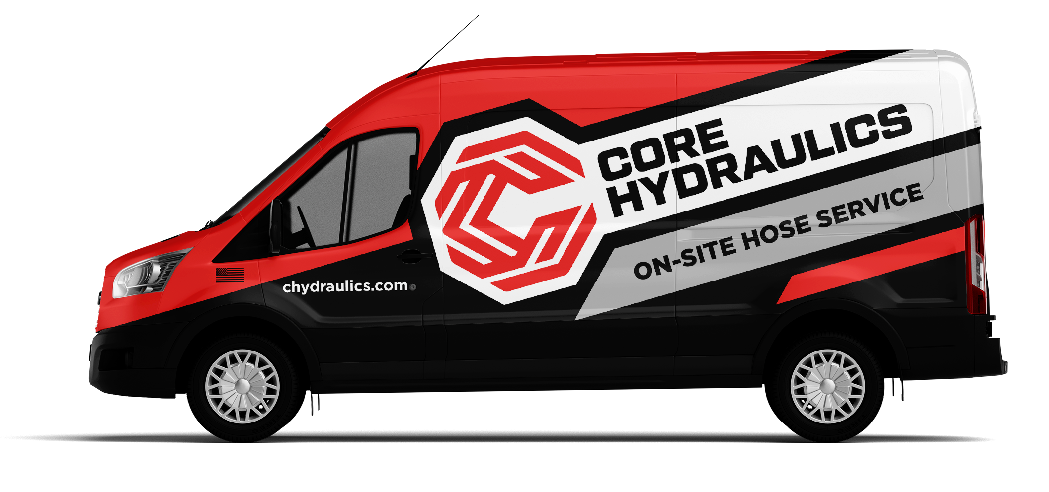 After: Core Hydraulics finished vehicle wrap mockup.