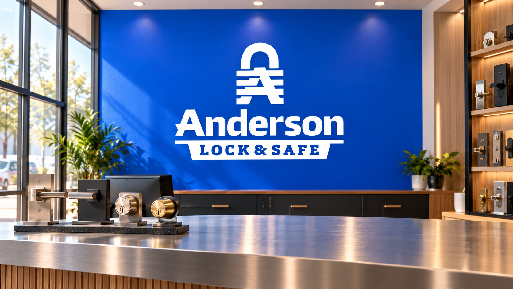 Illustrative brand application concept for Anderson Lock & Safe: workshop signage.