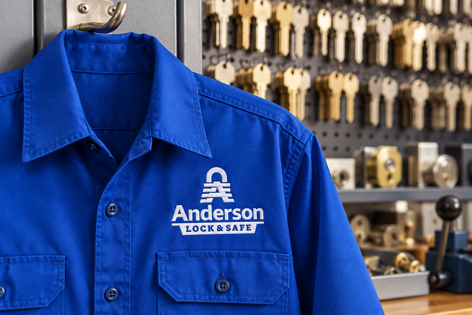 Illustrative brand application concept for Anderson Lock & Safe: technician workwear.