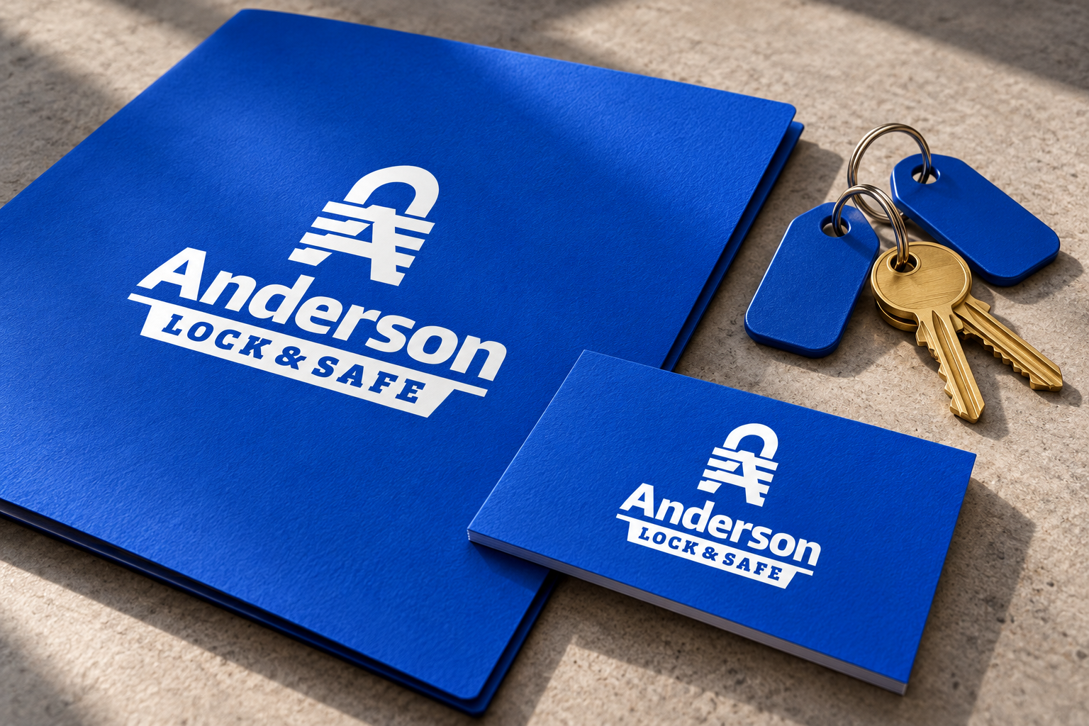 Illustrative brand application concept for Anderson Lock & Safe: key handover collateral.