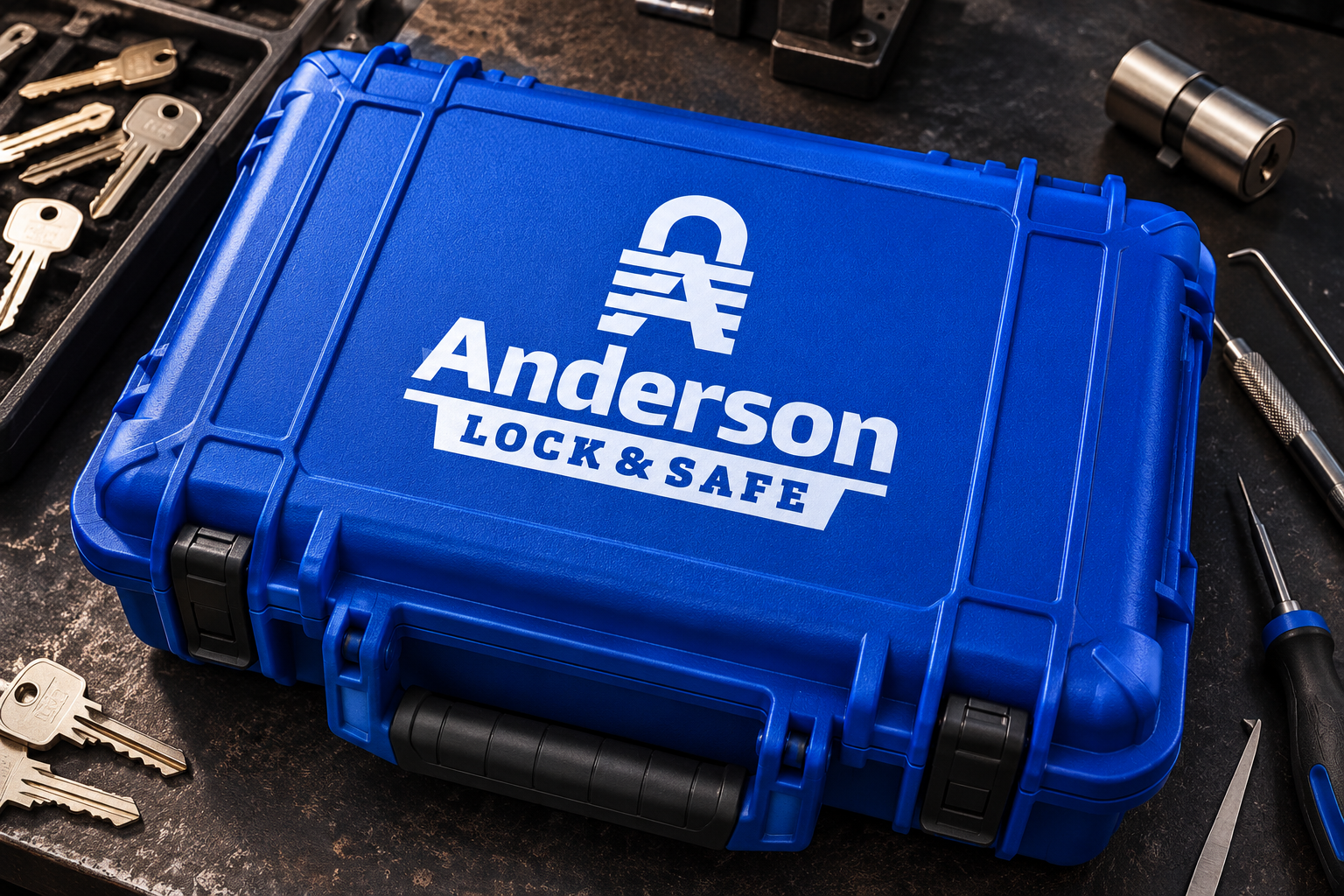 Illustrative brand application concept for Anderson Lock & Safe: technician toolcase.