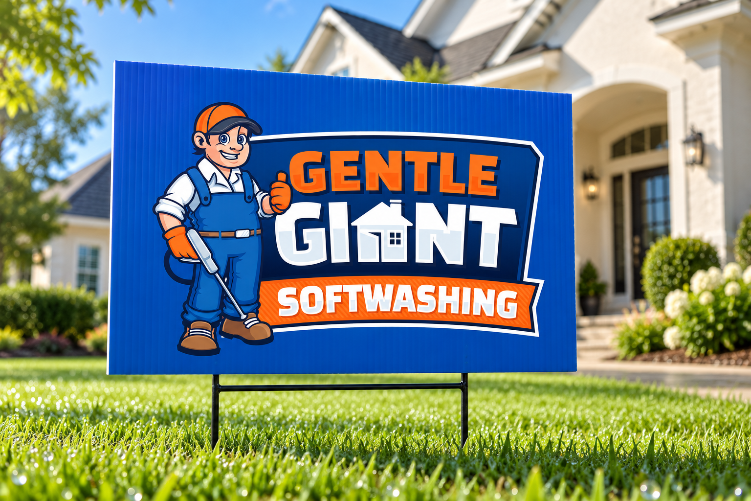 Illustrative brand application concept for Gentle Giant Softwashing: yard sign.