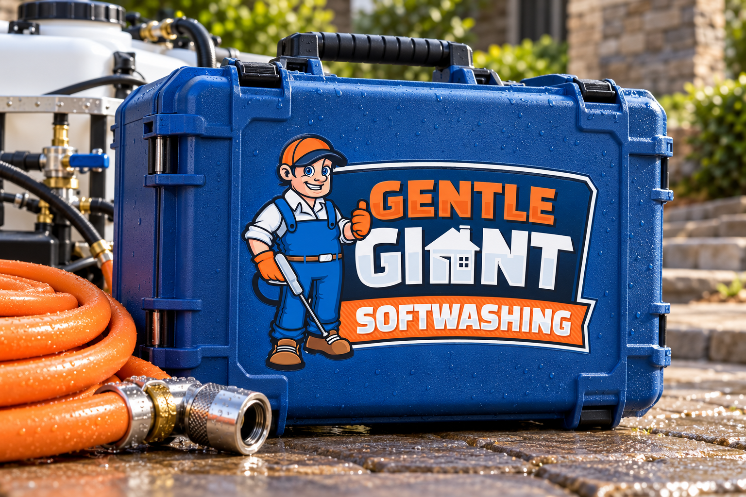 Illustrative brand application concept for Gentle Giant Softwashing: equipment detail.