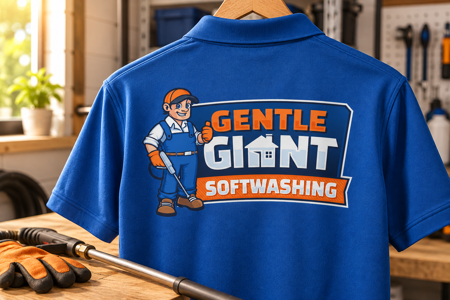 Illustrative brand application concept for Gentle Giant Softwashing: workwear.