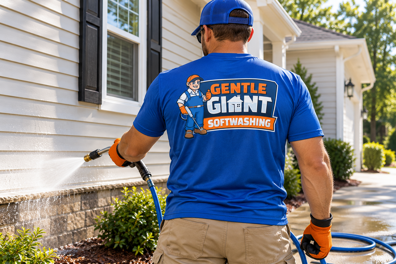 Illustrative brand application concept for Gentle Giant Softwashing: workday lifestyle.