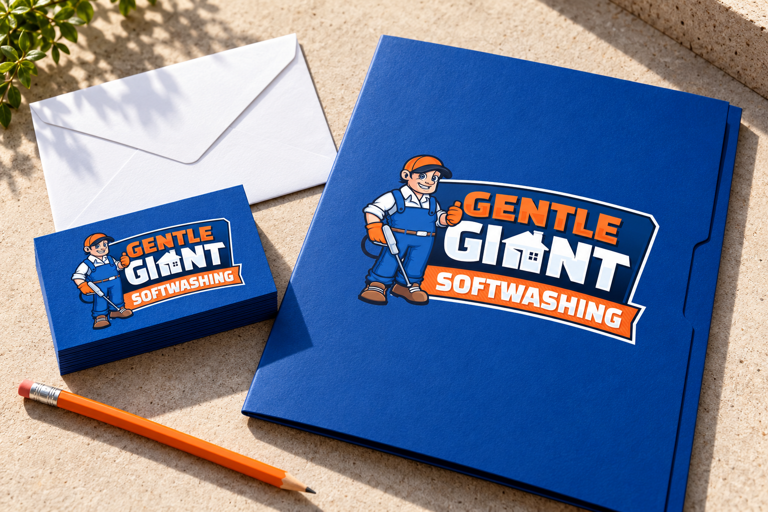Illustrative brand application concept for Gentle Giant Softwashing: print collateral.