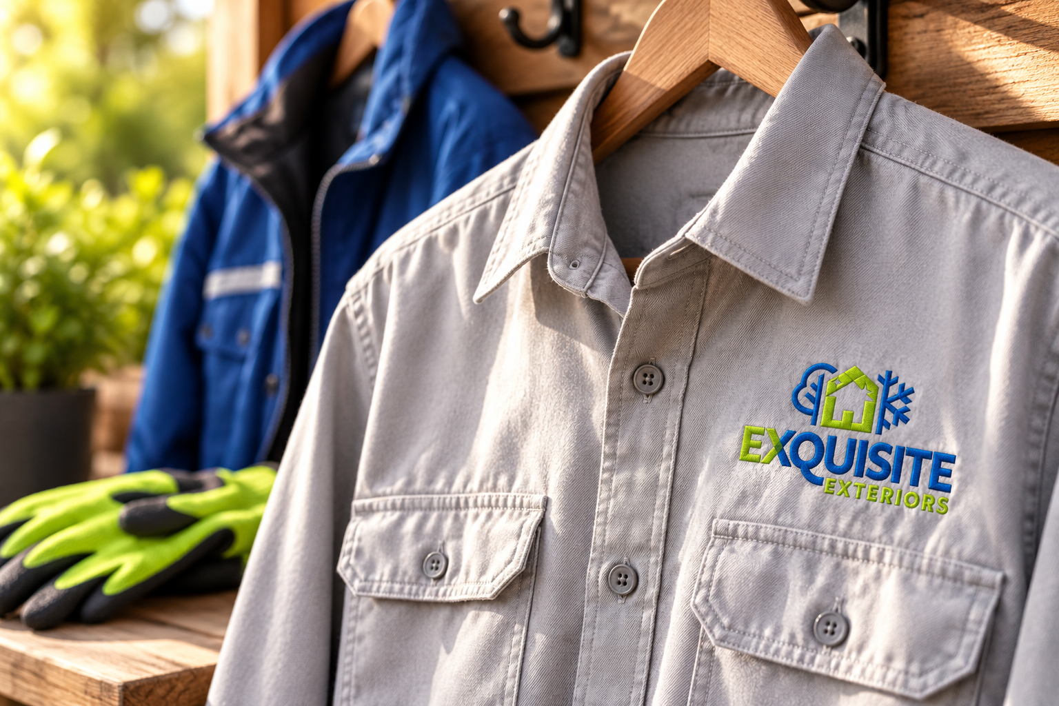 Illustrative brand application concept for Exquisite Exteriors: landscape workwear.