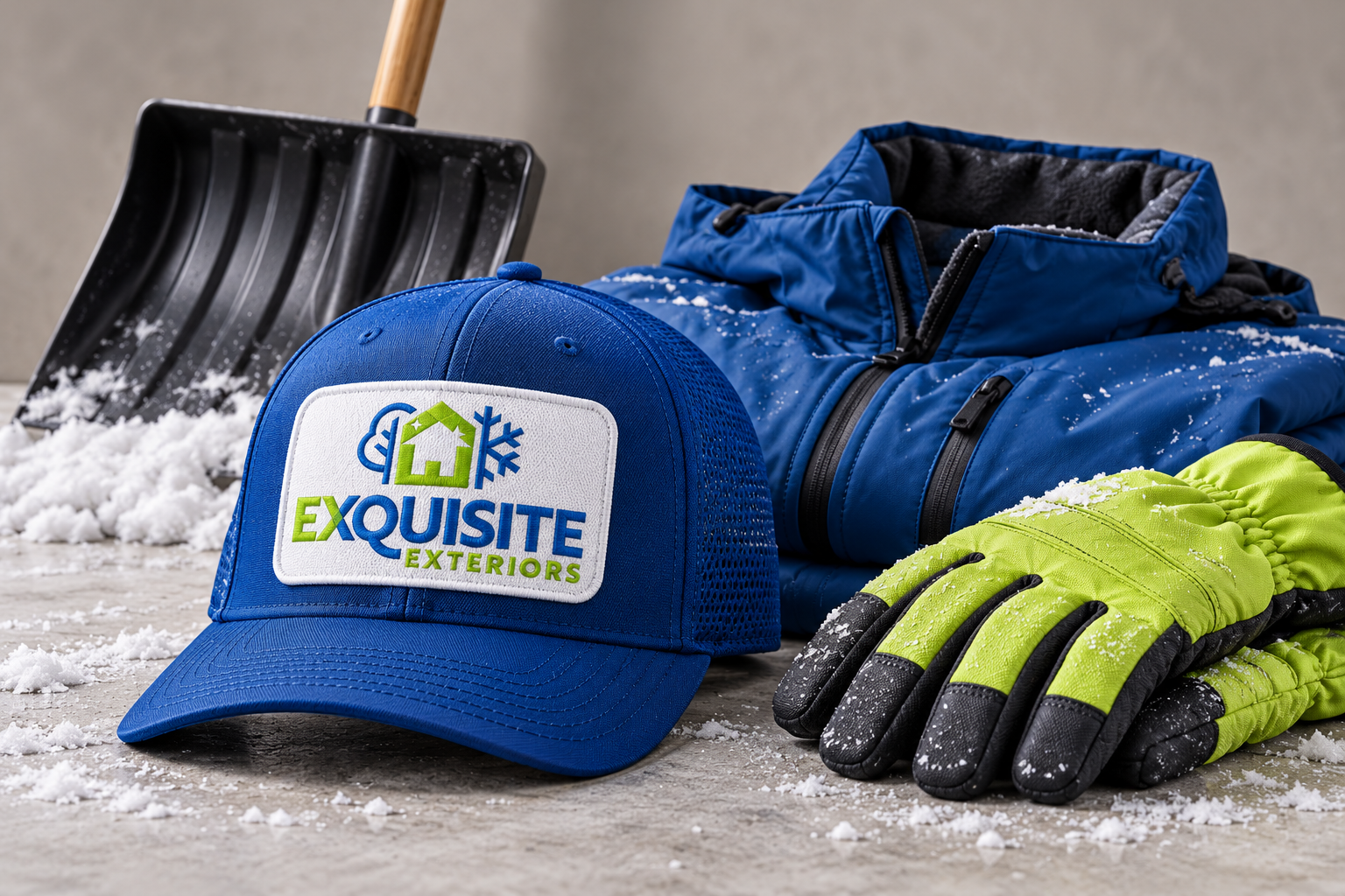 Illustrative brand application concept for Exquisite Exteriors: seasonal gear.