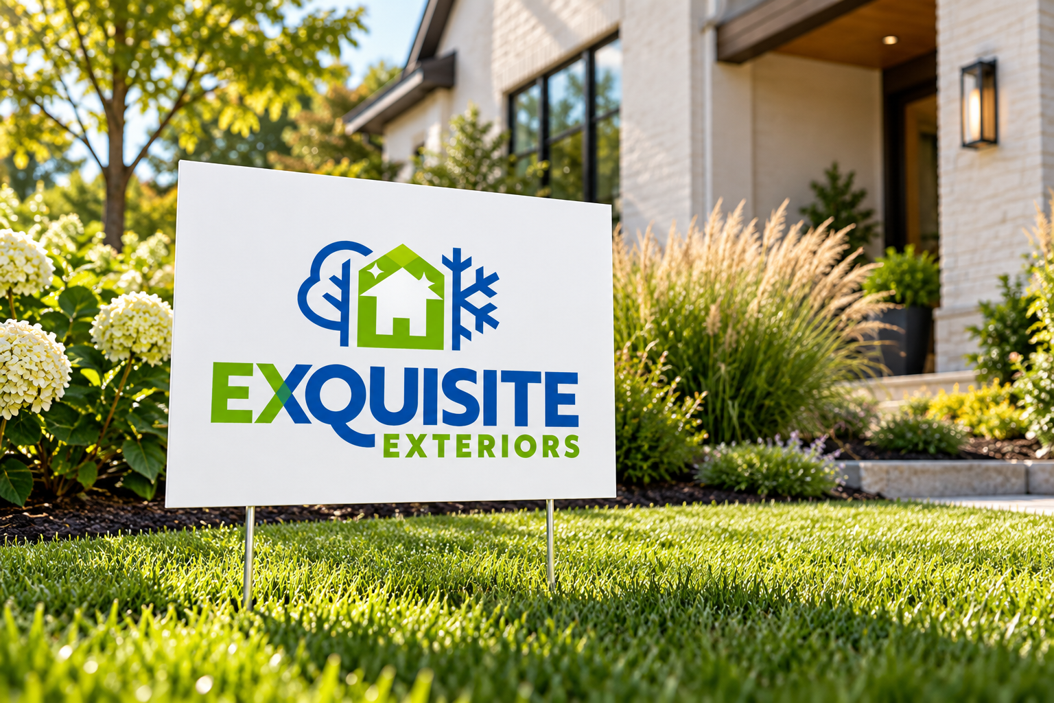 Illustrative brand application concept for Exquisite Exteriors: lawn yard sign.