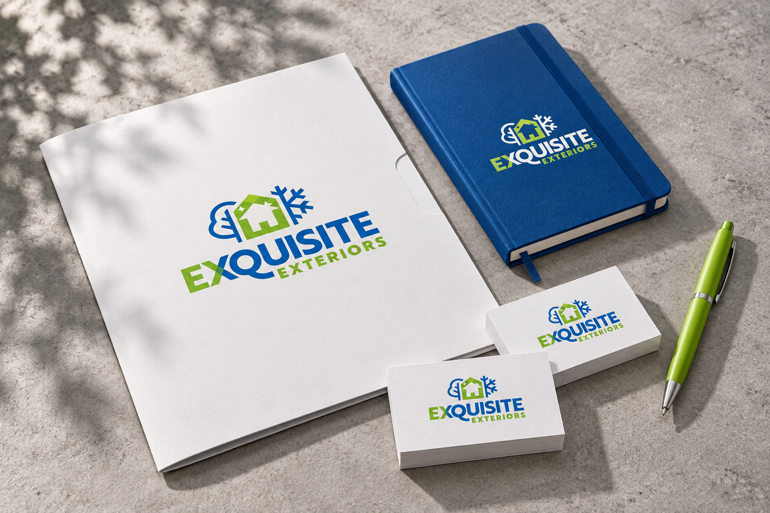 Illustrative brand application concept for Exquisite Exteriors: client presentation kit.