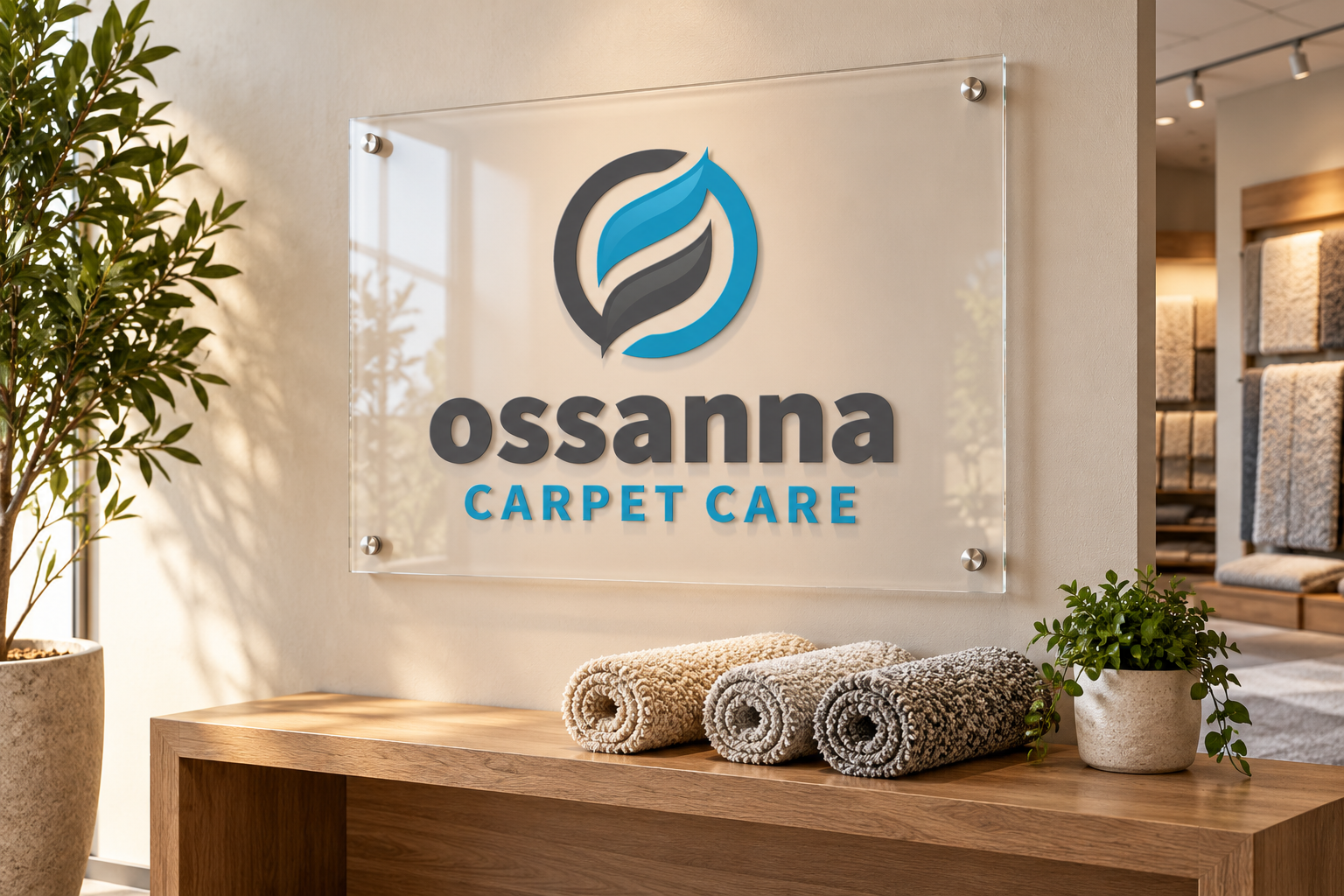 Illustrative brand application concept for Ossanna Carpet Care: studio sign.