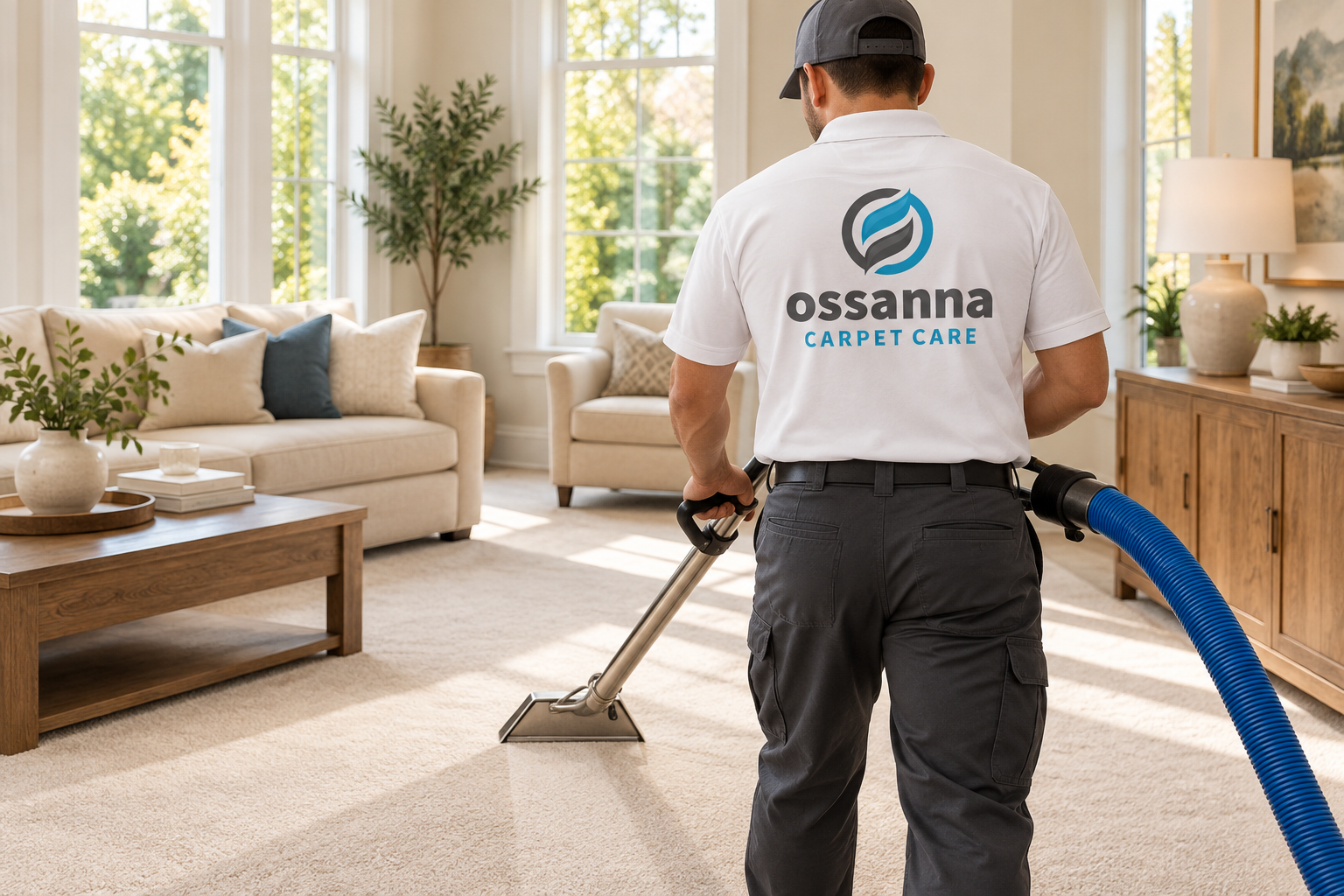 Illustrative brand application concept for Ossanna Carpet Care: service lifestyle.