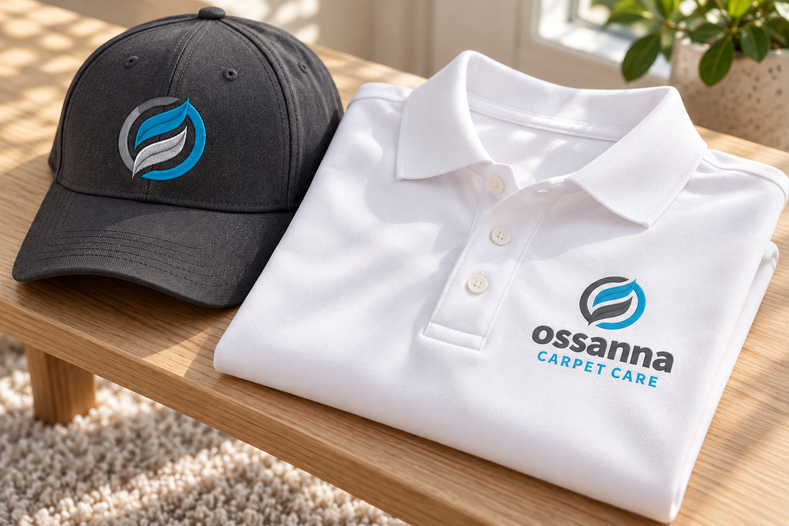 Illustrative brand application concept for Ossanna Carpet Care: workwear.