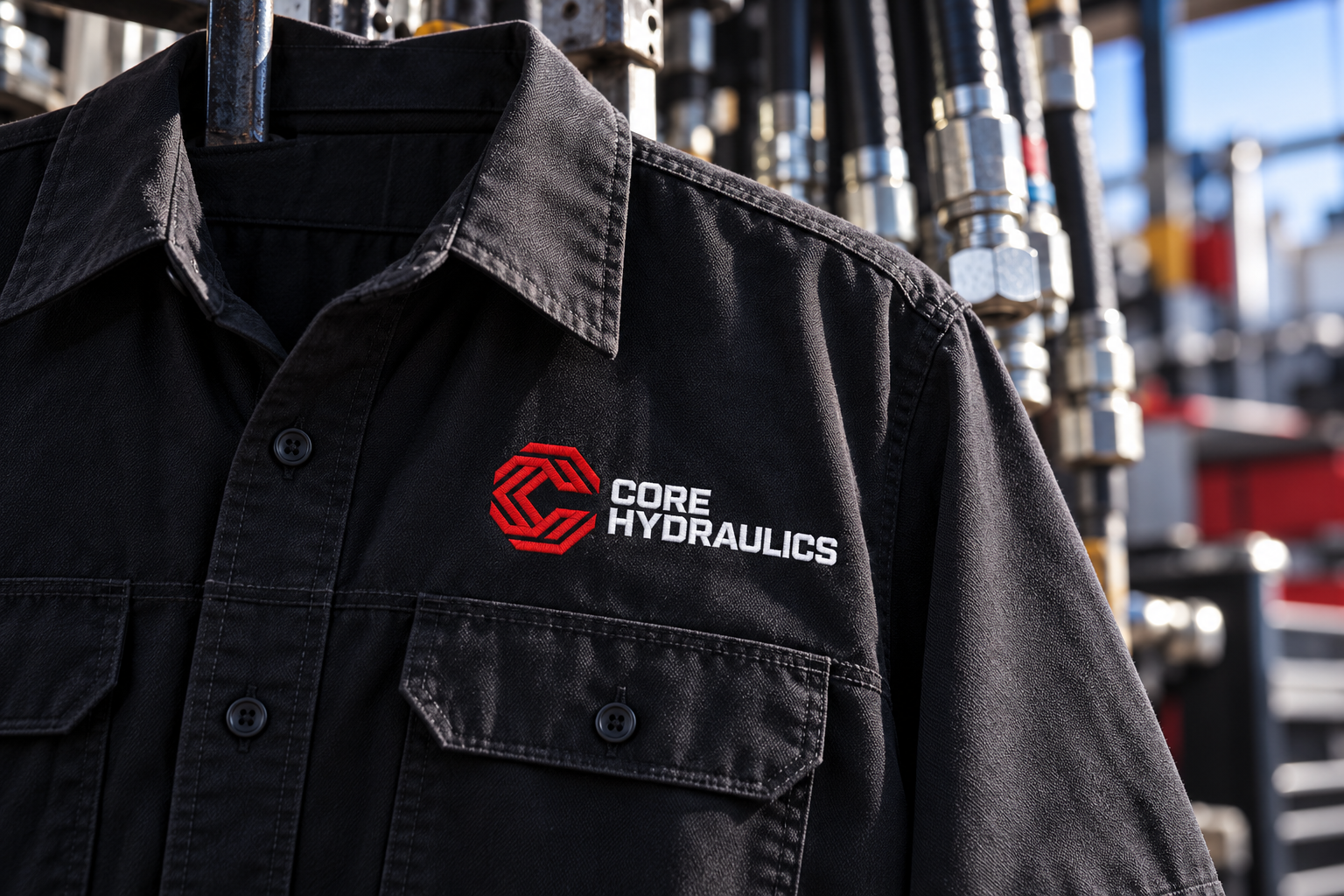 Illustrative brand application concept for Core Hydraulics: hydraulic workwear.