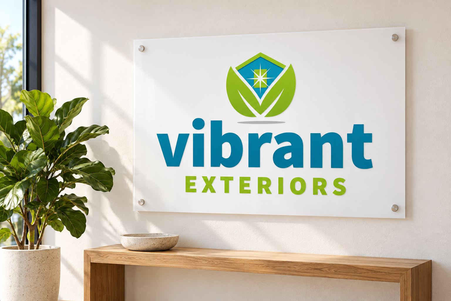 Illustrative brand application concept for Vibrant Exteriors: office sign.