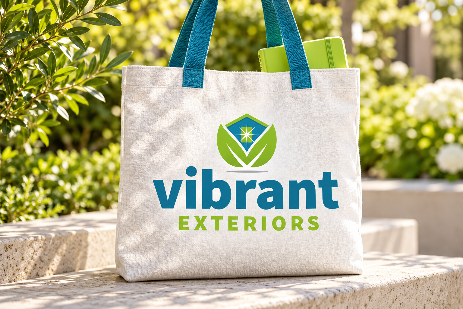 Illustrative brand application concept for Vibrant Exteriors: branded tote.