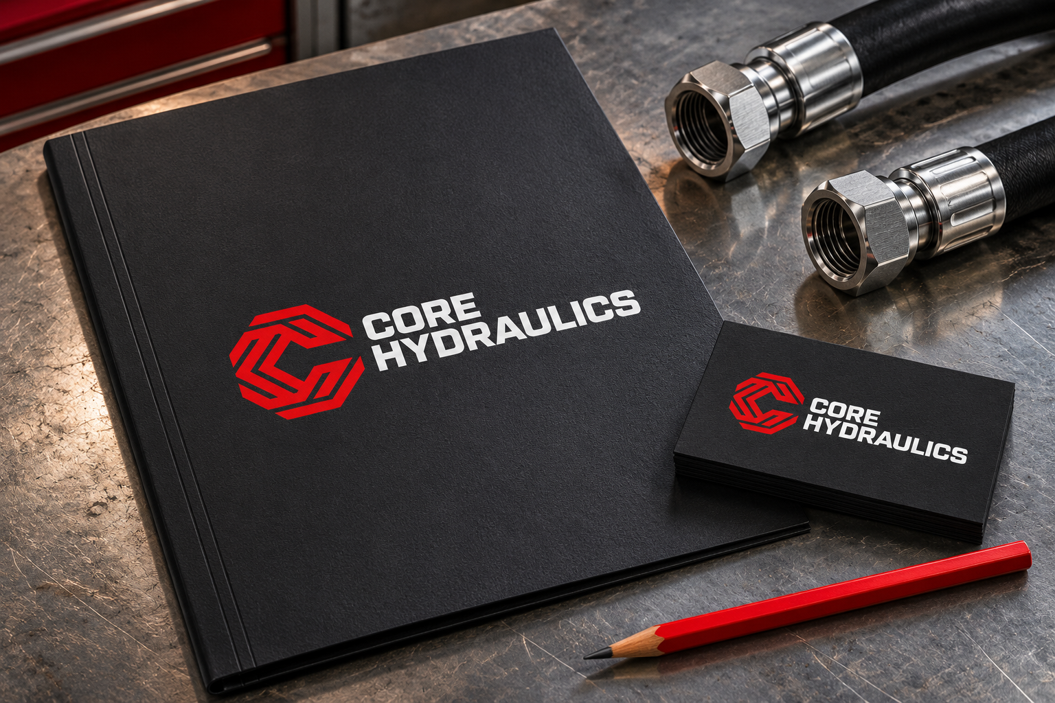 Illustrative brand application concept for Core Hydraulics: service collateral.