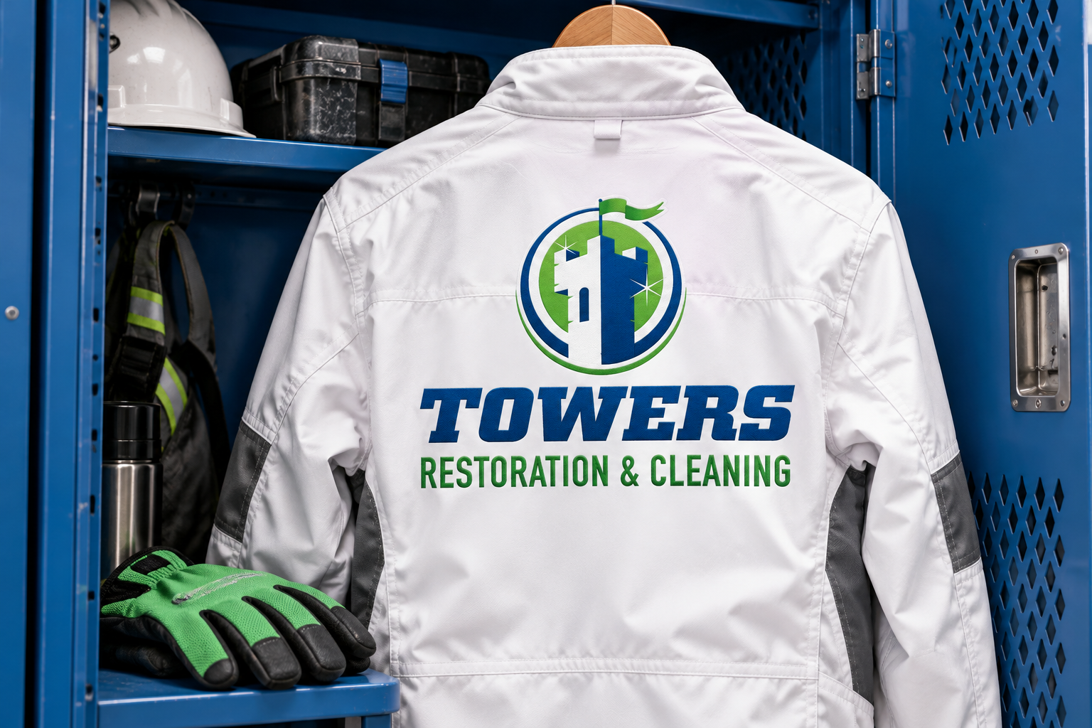 Illustrative brand application concept for Towers Restoration & Cleaning: field jacket.