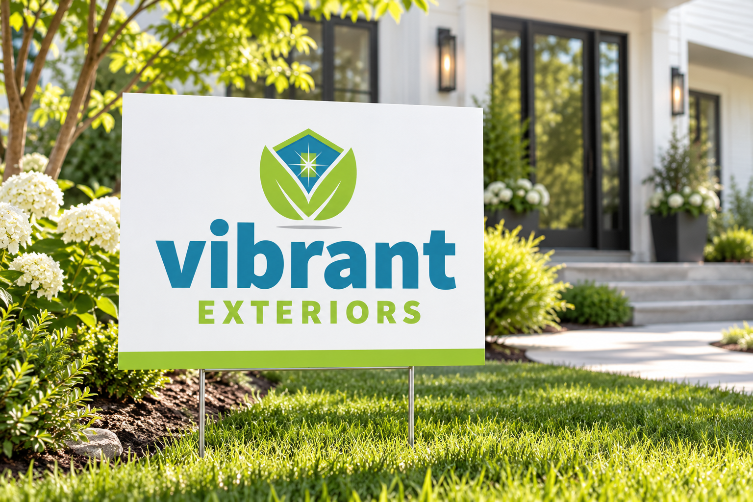 Illustrative brand application concept for Vibrant Exteriors: property sign.
