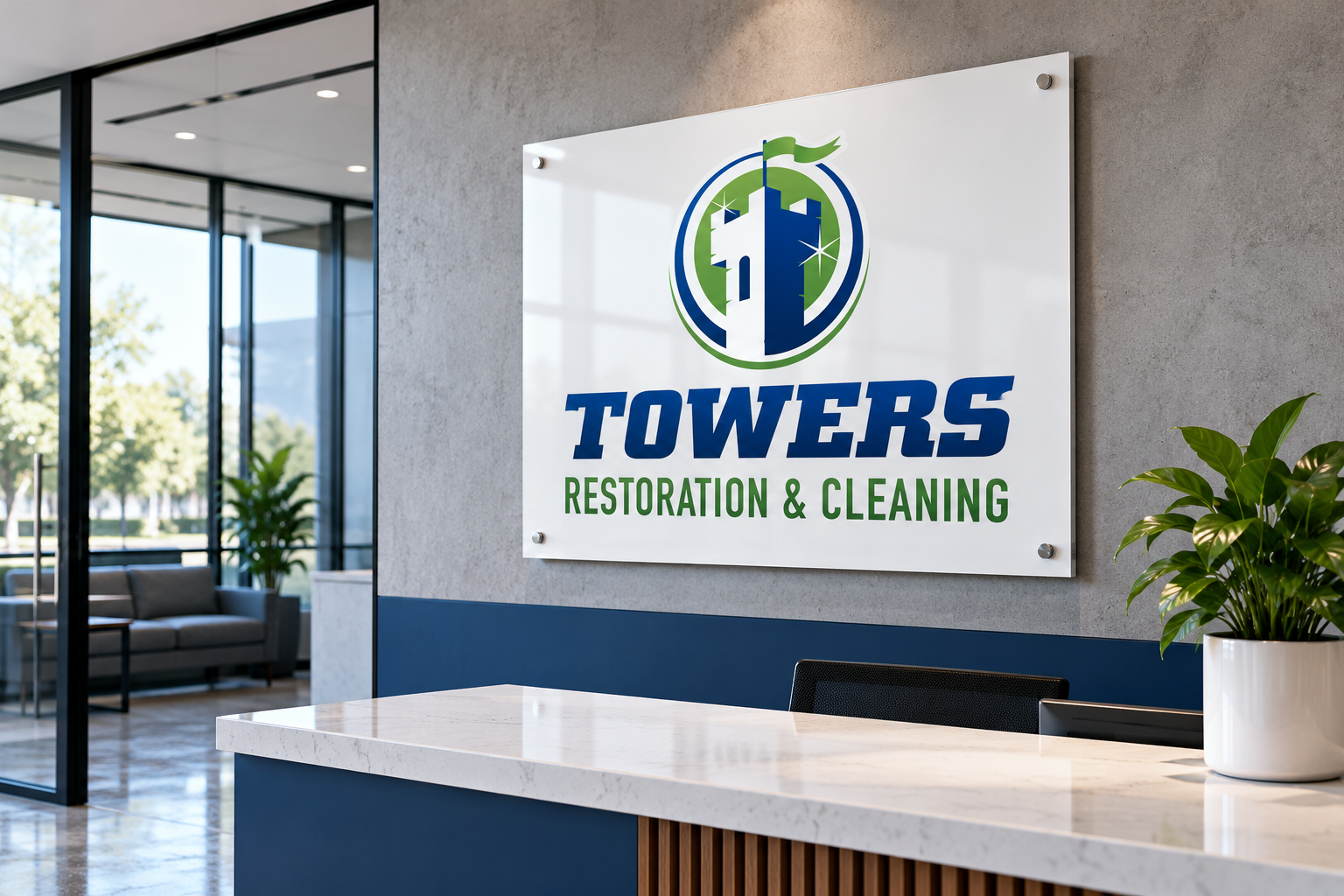 Illustrative brand application concept for Towers Restoration & Cleaning: facility sign.