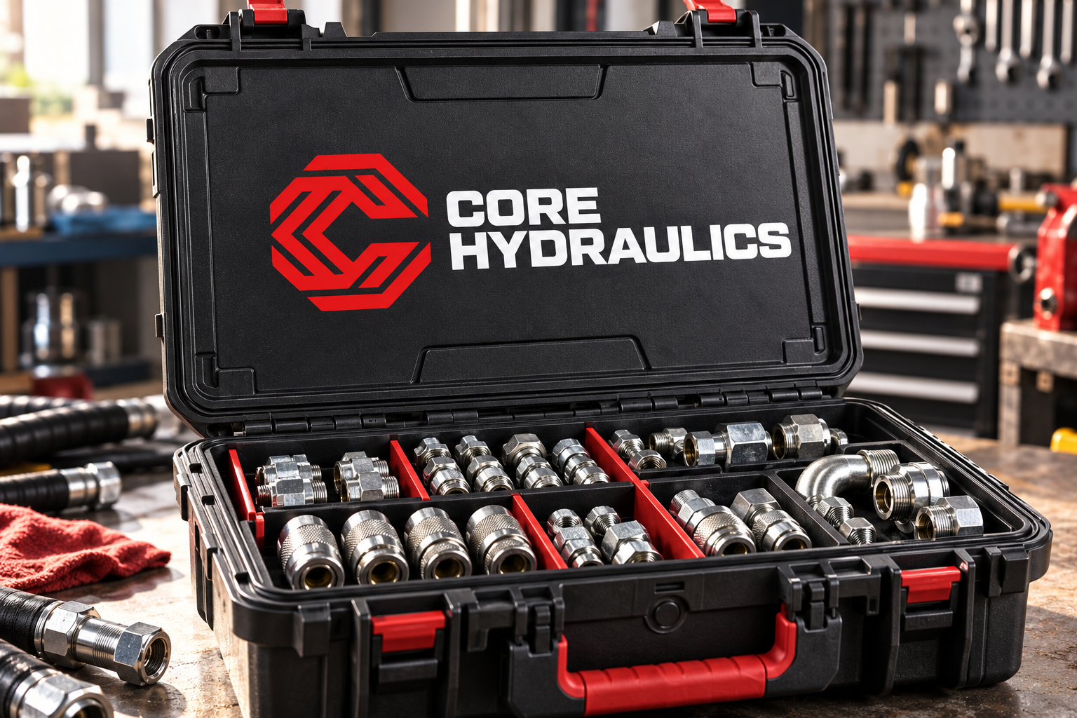 Illustrative brand application concept for Core Hydraulics: hose toolcase.