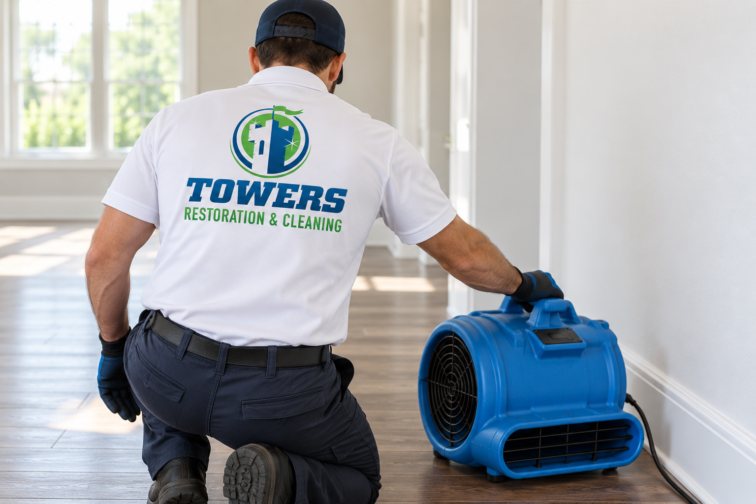 Illustrative brand application concept for Towers Restoration & Cleaning: service lifestyle.