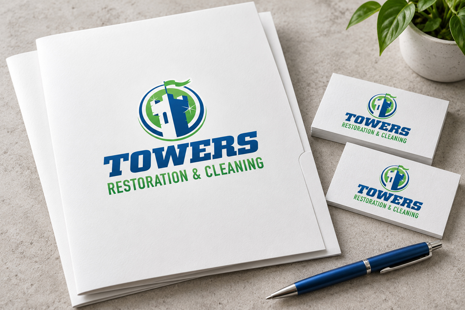 Illustrative brand application concept for Towers Restoration & Cleaning: project folder.