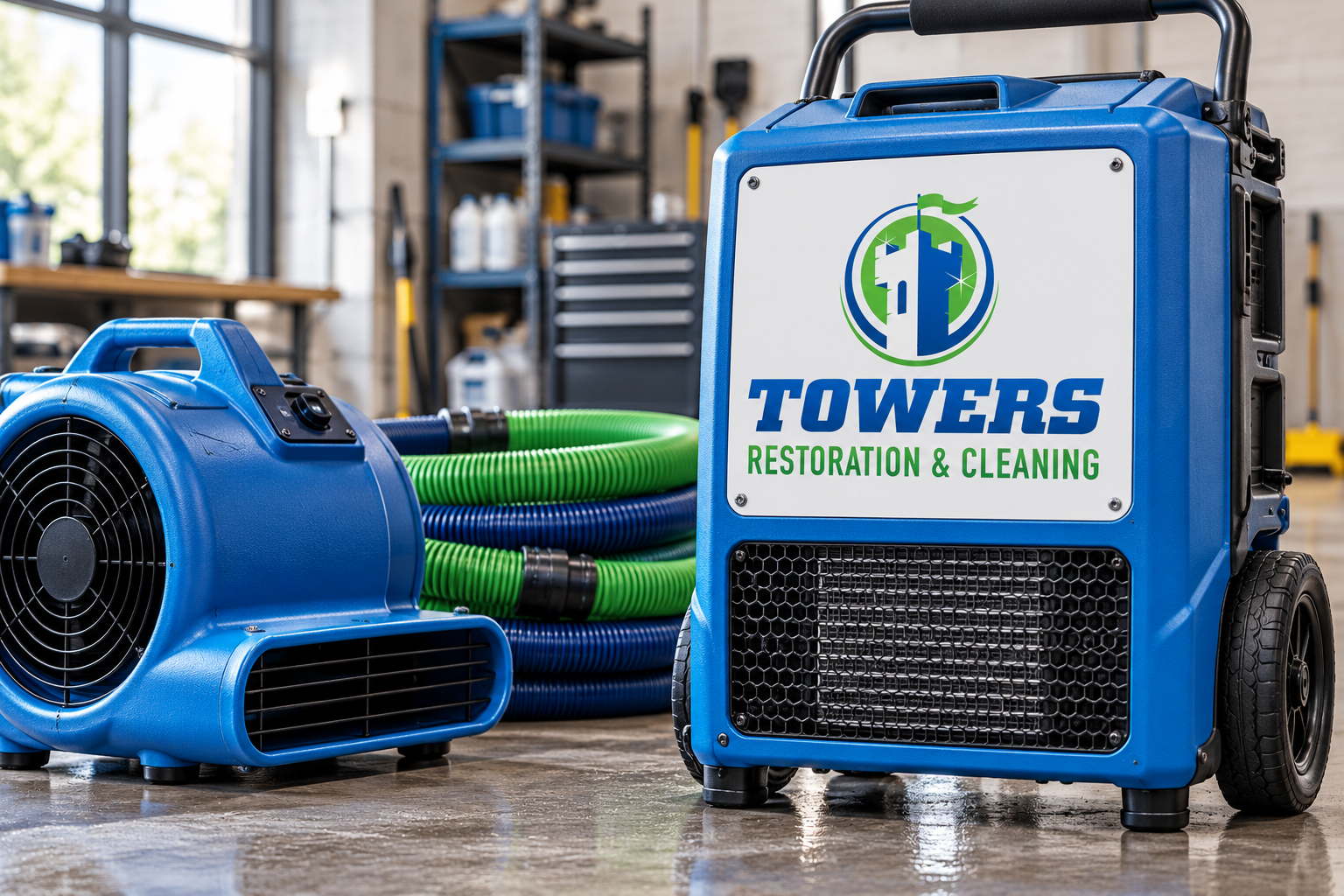 Illustrative brand application concept for Towers Restoration & Cleaning: restoration equipment.