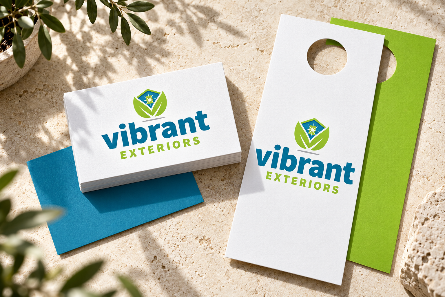 Illustrative brand application concept for Vibrant Exteriors: print collateral.
