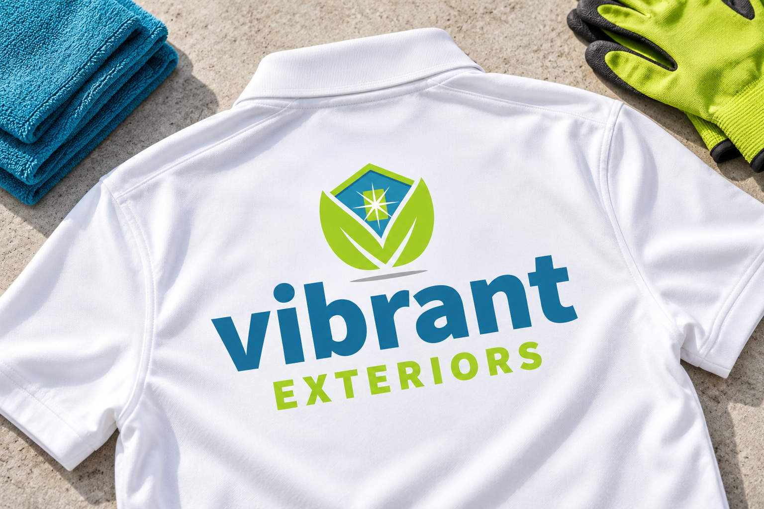 Illustrative brand application concept for Vibrant Exteriors: workwear.