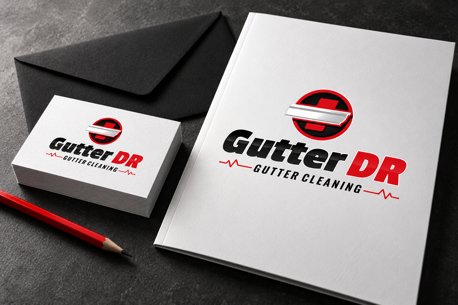 Illustrative brand application concept for Gutter DR: print collateral.