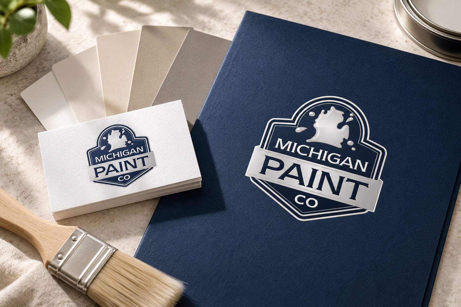 Illustrative brand application concept for Michigan Paint Co: collateral and swatches.
