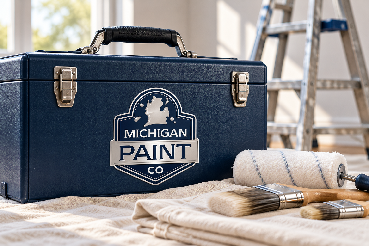 Illustrative brand application concept for Michigan Paint Co: painted toolbox.