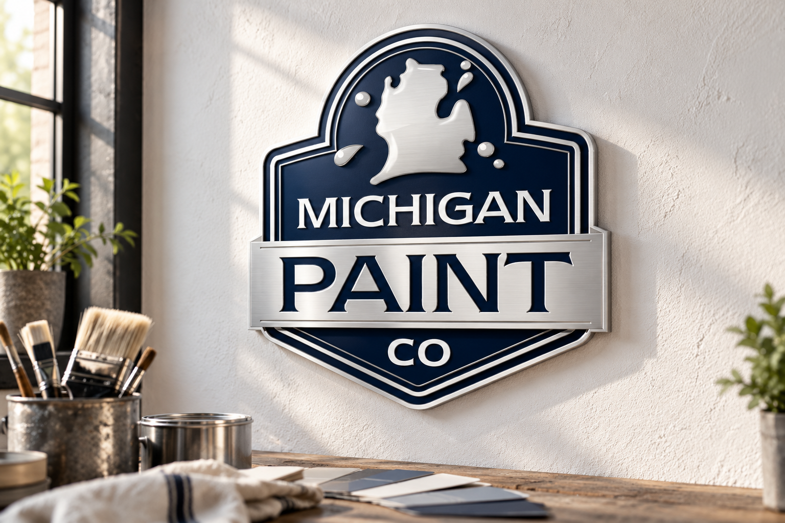 Illustrative brand application concept for Michigan Paint Co: workshop sign.