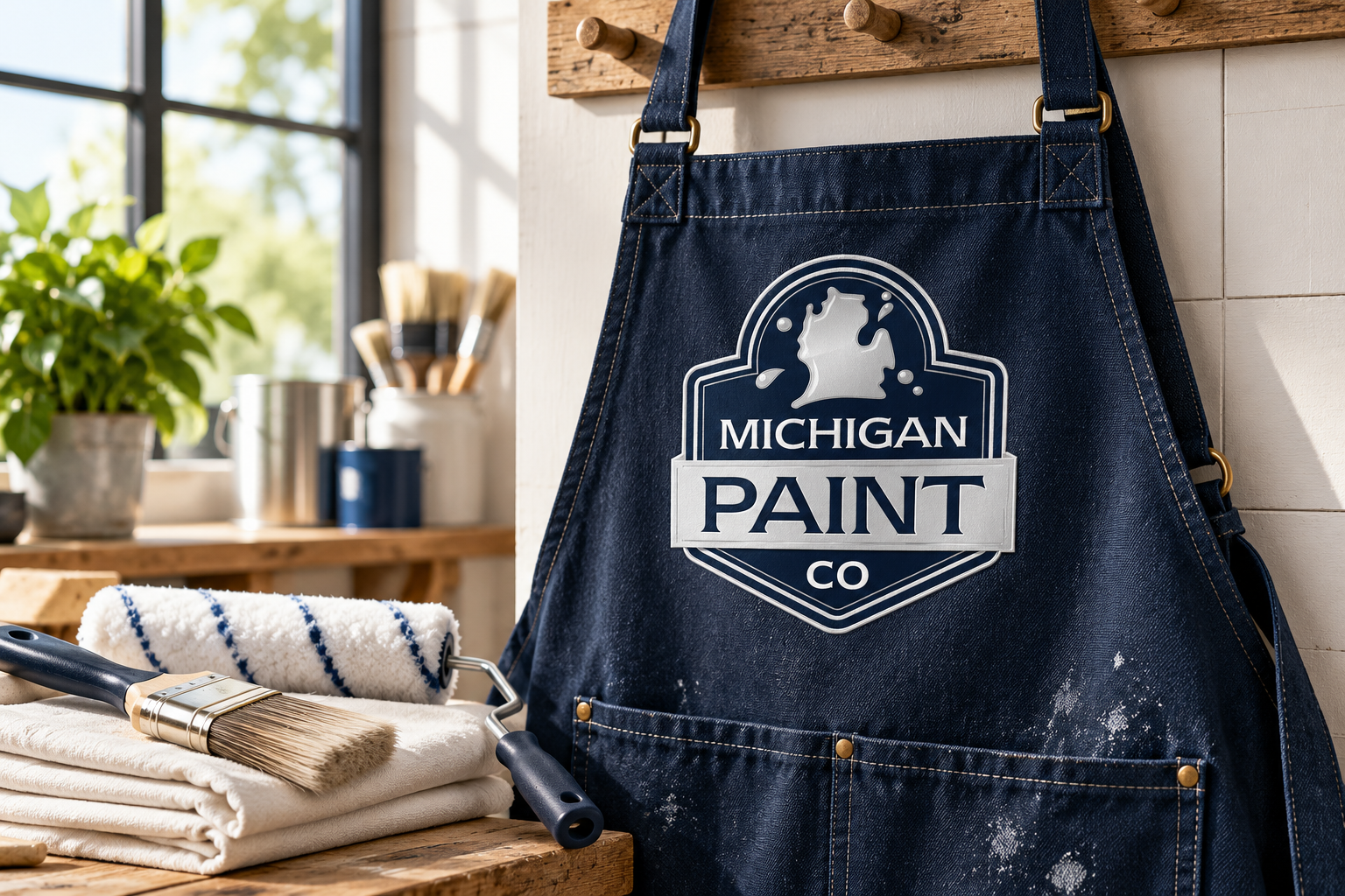 Illustrative brand application concept for Michigan Paint Co: painter apron.